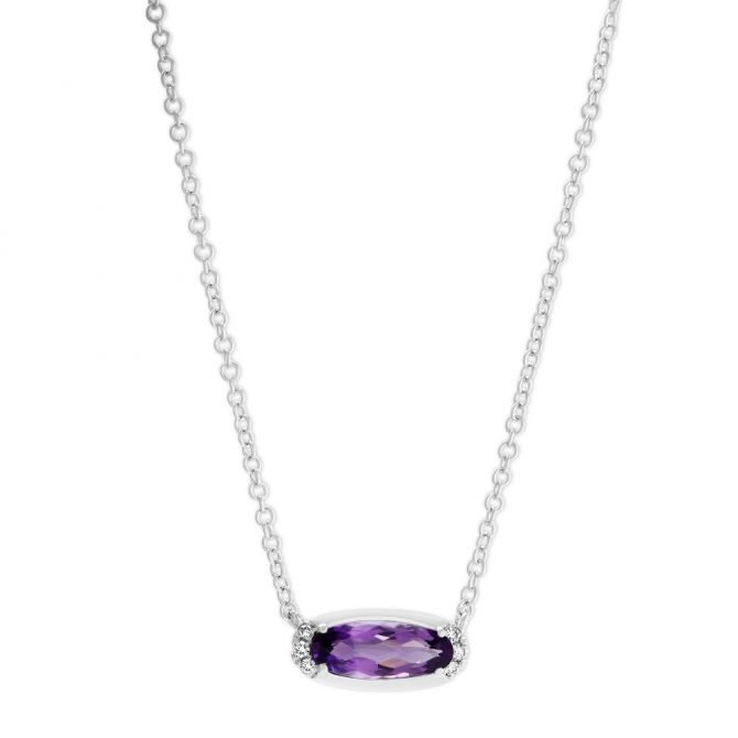 Oval Amethyst & Diamond East West Necklace in White Gold