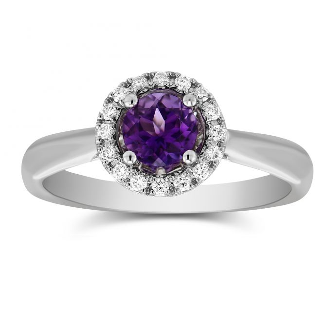 Amethyst & Diamond Halo Ring in White Gold