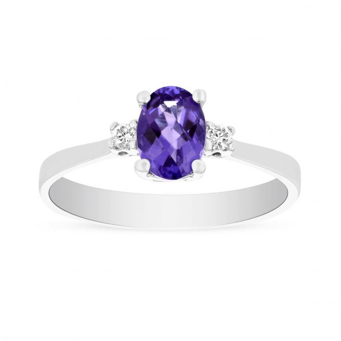 Oval Amethyst & Diamond 3 stone Ring in White Gold