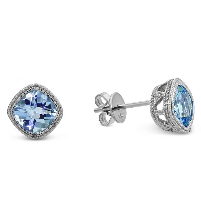 Cushion Checkerboard Aquamarine Bezel Set Earrings in White Gold