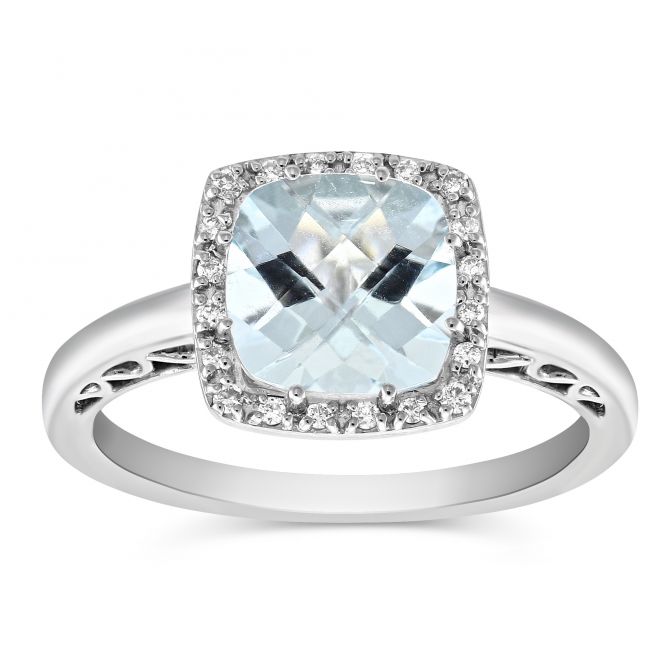 Checkerboard Cushion Aquamarine & Diamond Ring in White Gold