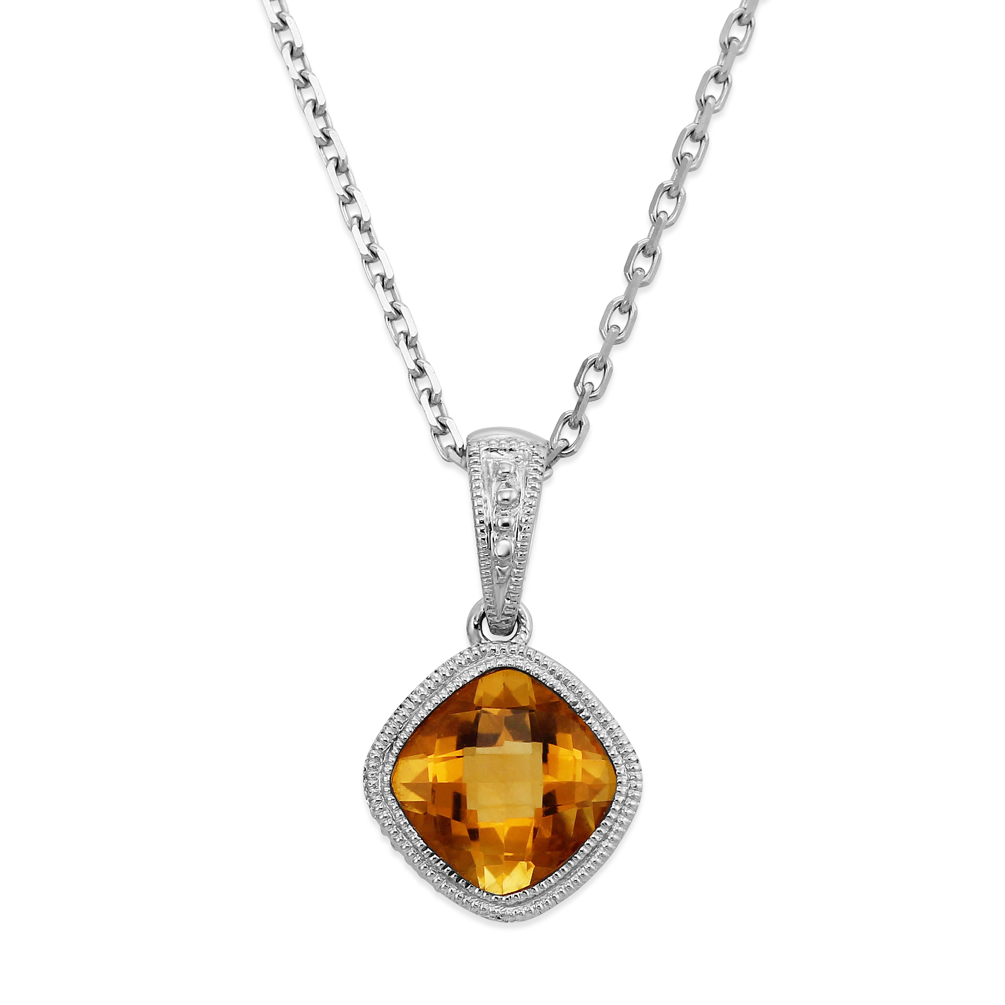 14K White Gold Cushion Checkerboard Citrine Bezel Set Pendant, 18 ...