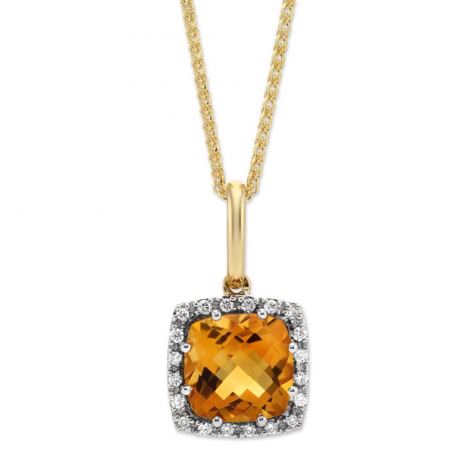 14K Yellow Gold Cushion Citrine & Diamond Frame Pendant, 18"