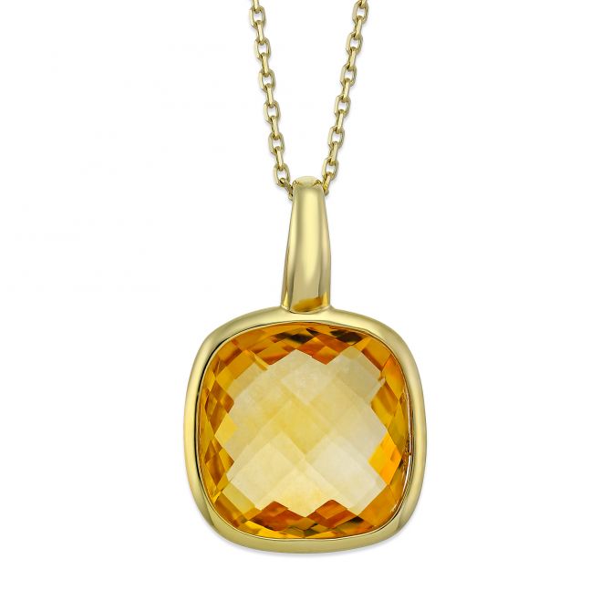 14K Yellow Gold Checkerboard Cushion Citrine Pendant, 18"