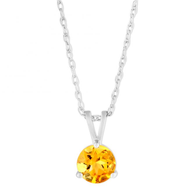 14K White Gold Round Citrine Pendant, 18"