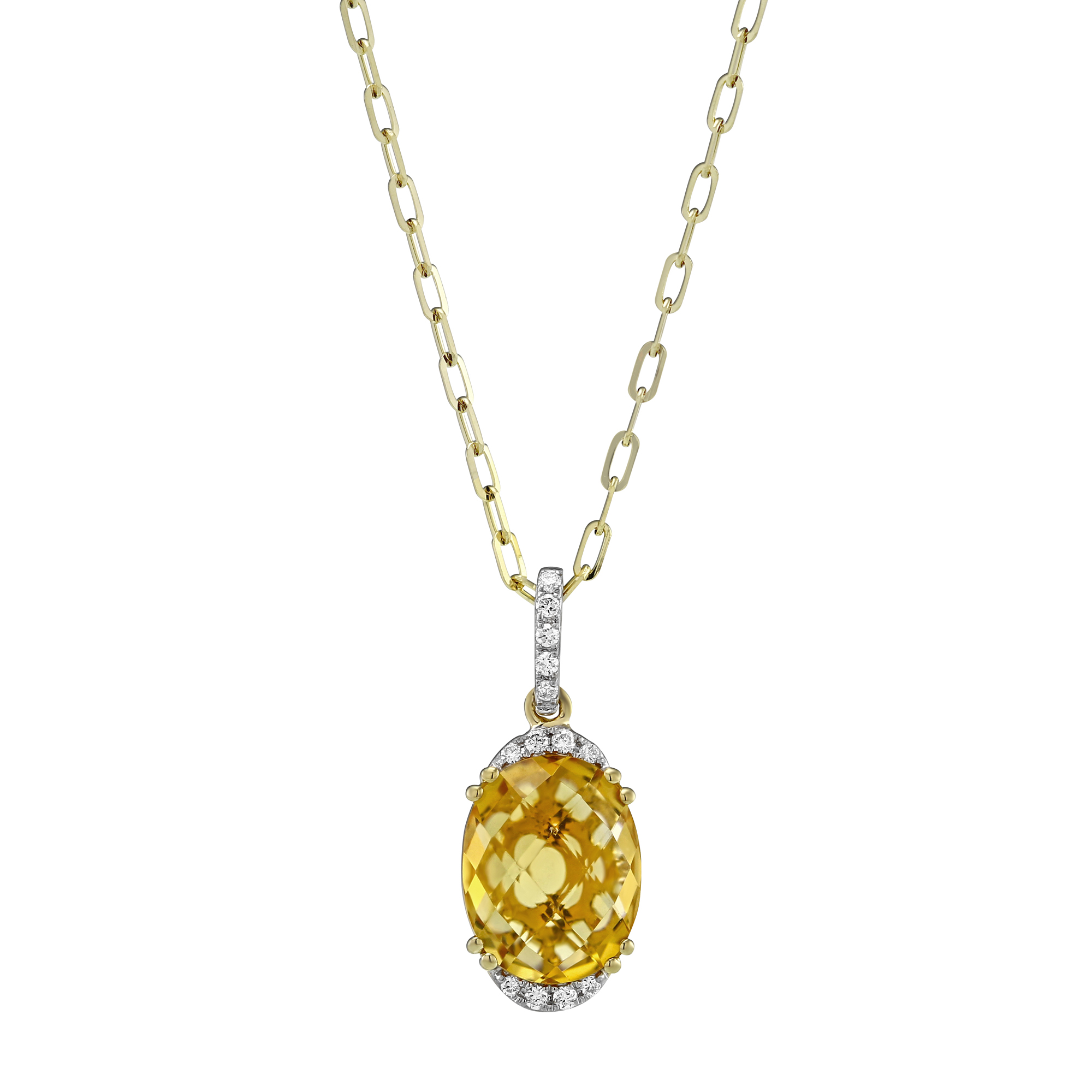 14K Yellow Gold Oval Checkerboard Citrine & Diamond Pendant, 18 ...