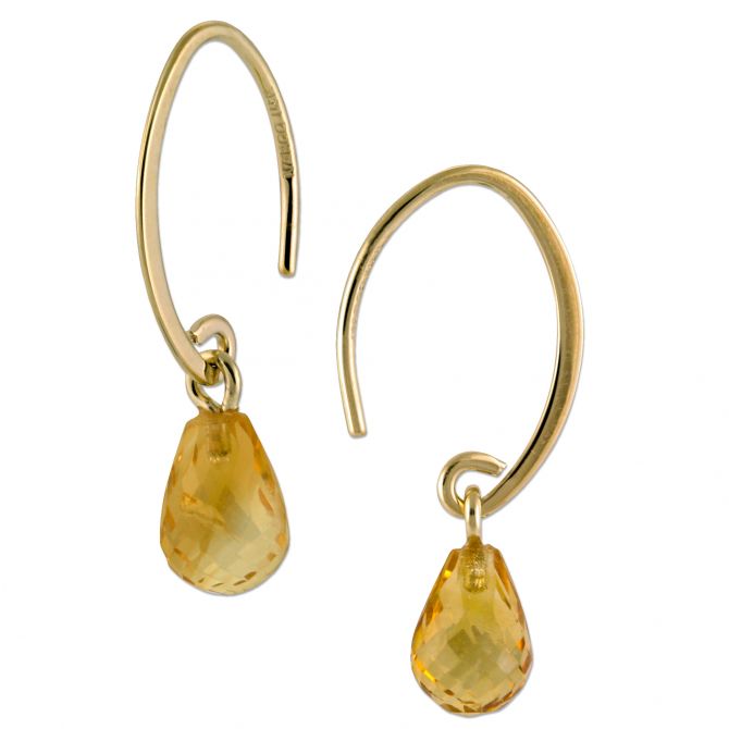 14K Yellow Gold Citrine Briolette Simple Sweep Drop Earrings