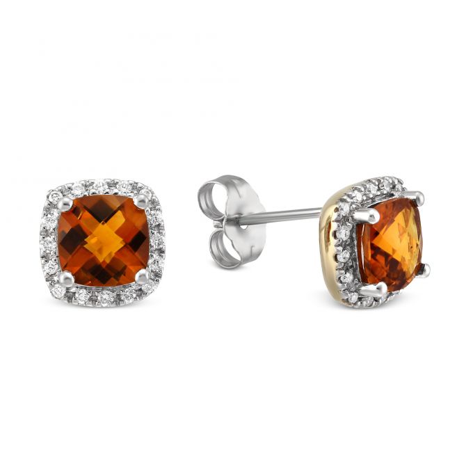 14K Yellow and White Gold Checkerboard Citrine & Diamond Frame Earrings