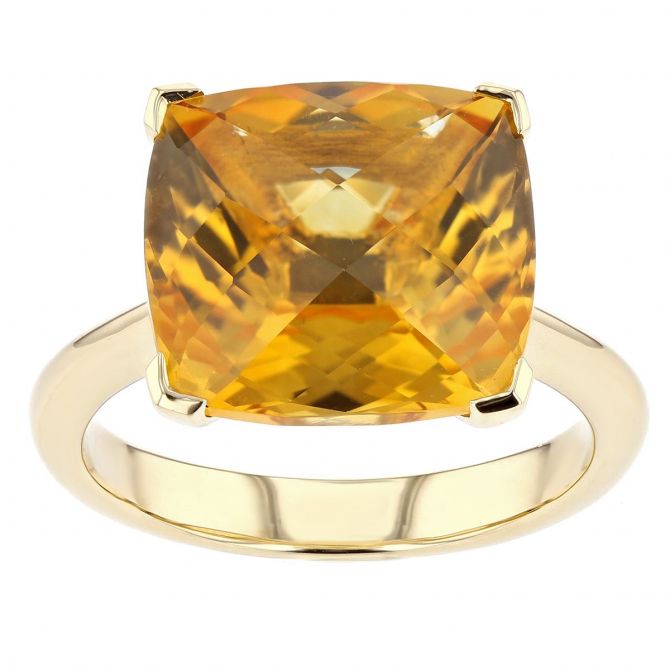 14K Yellow Gold Checkerboard Cushion Citrine Cocktail Ring