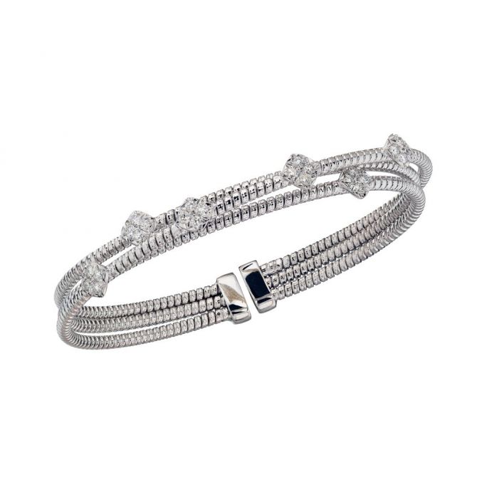 Diamond Station & White Gold 3 Row Flexible Bangle Bracelet