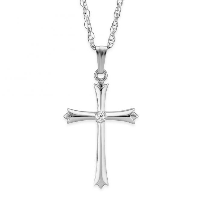 Diamond Cross Necklace in White Gold, 0.01 cttw