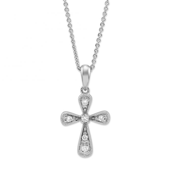 White Gold & Diamond Cross Pendant Necklace, 0.07 cttw