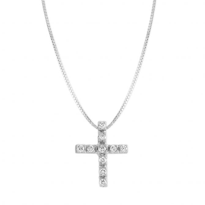 Diamond Cross Necklace in White Gold, 0.13 cttw