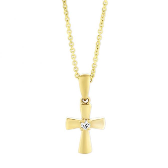 Yellow Gold Cross Pendant Necklace with Single Diamond