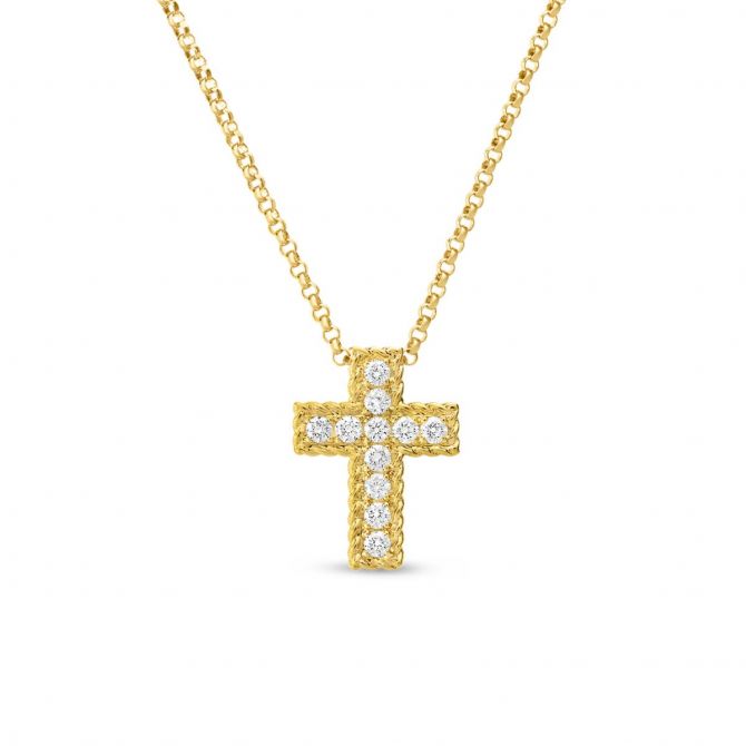 Roberto Coin 18k Yellow Gold Diamond Cross Necklace with Twisted Edge, 18"