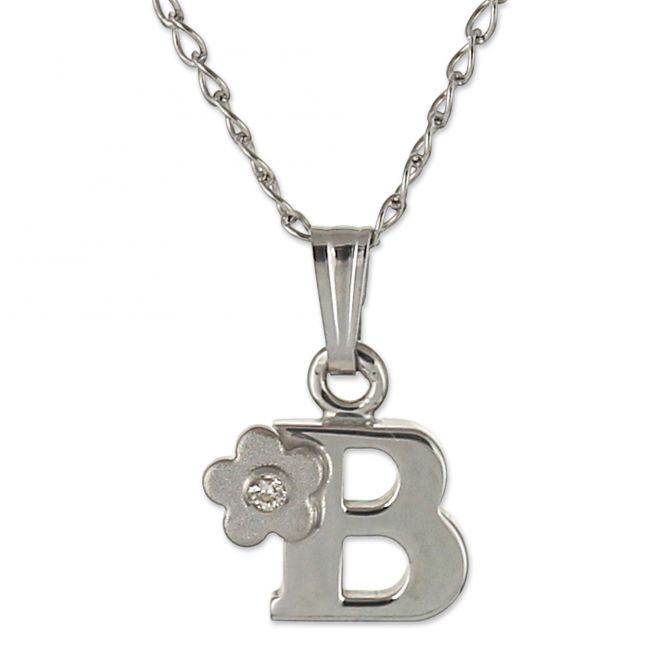 Sterling Silver Diamond Flower Initial Children's Pendants, 16"