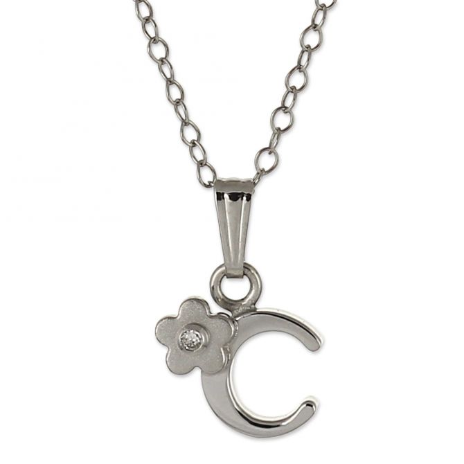 Sterling Silver Diamond Flower Initial Children's Pendants, 16"