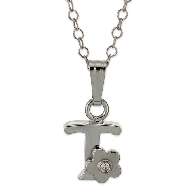 Sterling Silver Diamond Flower Initial Children's Pendants, 16"