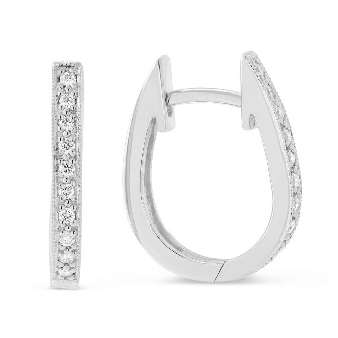 Diamond Oval Hoop Earrings in White Gold, 0.13 cttw