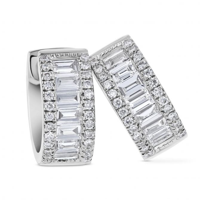 14K White Gold Diamond & Baguette Huggie Hoop Earrings, 0.58cttw