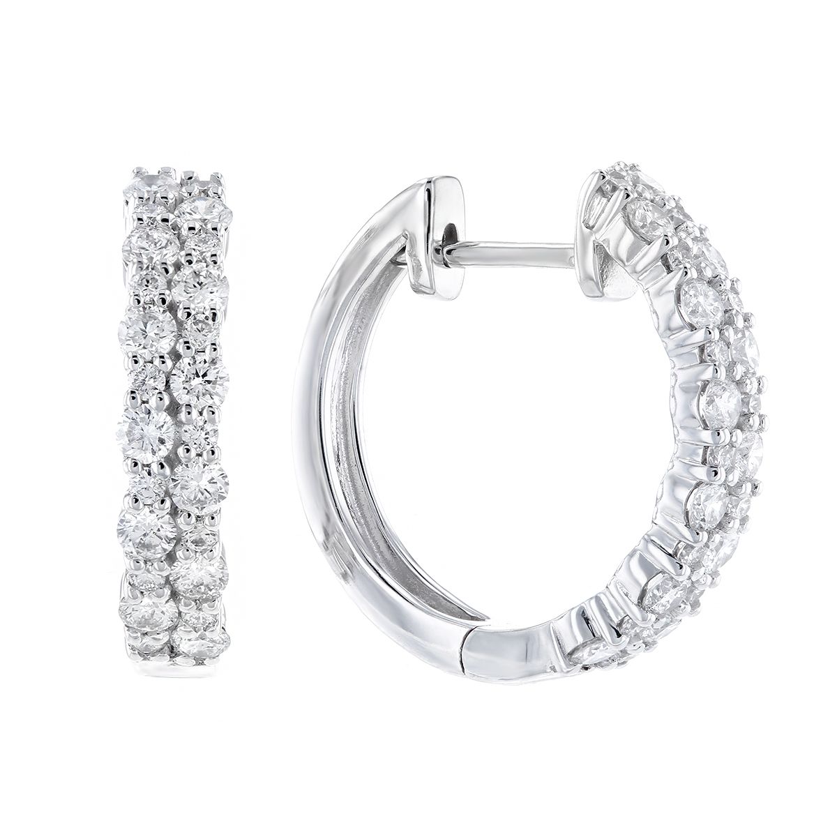 14K White Gold Diamond Double Row Small Hoop Earrings, 0.99 aptw ...