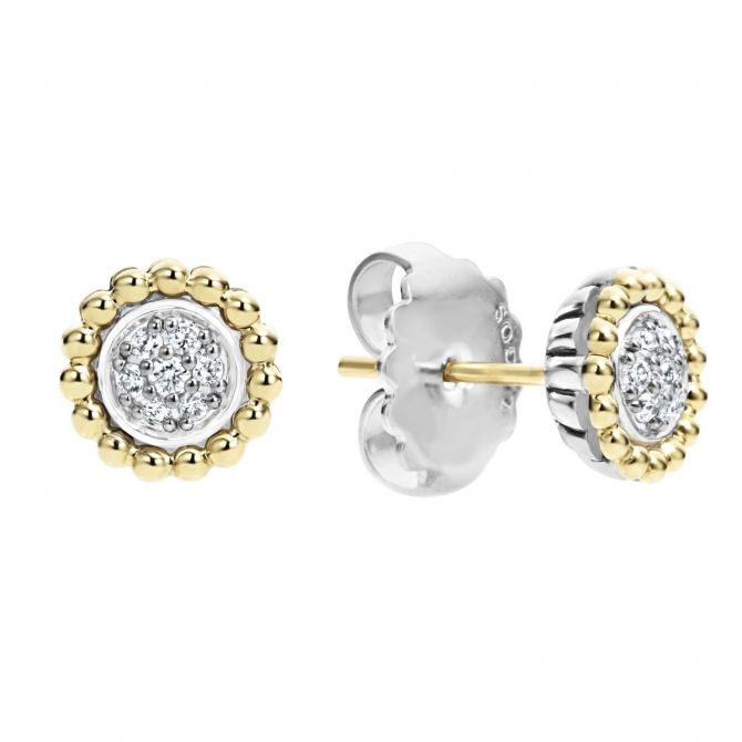 LAGOS Sterling Silver & 18K Yellow Gold Round Diamond & Caviar Flower Stud Earrings