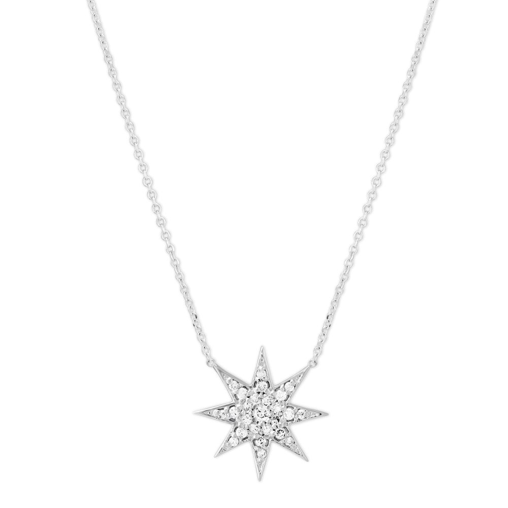 14K White Gold Diamond Starburst Necklace, 16.5