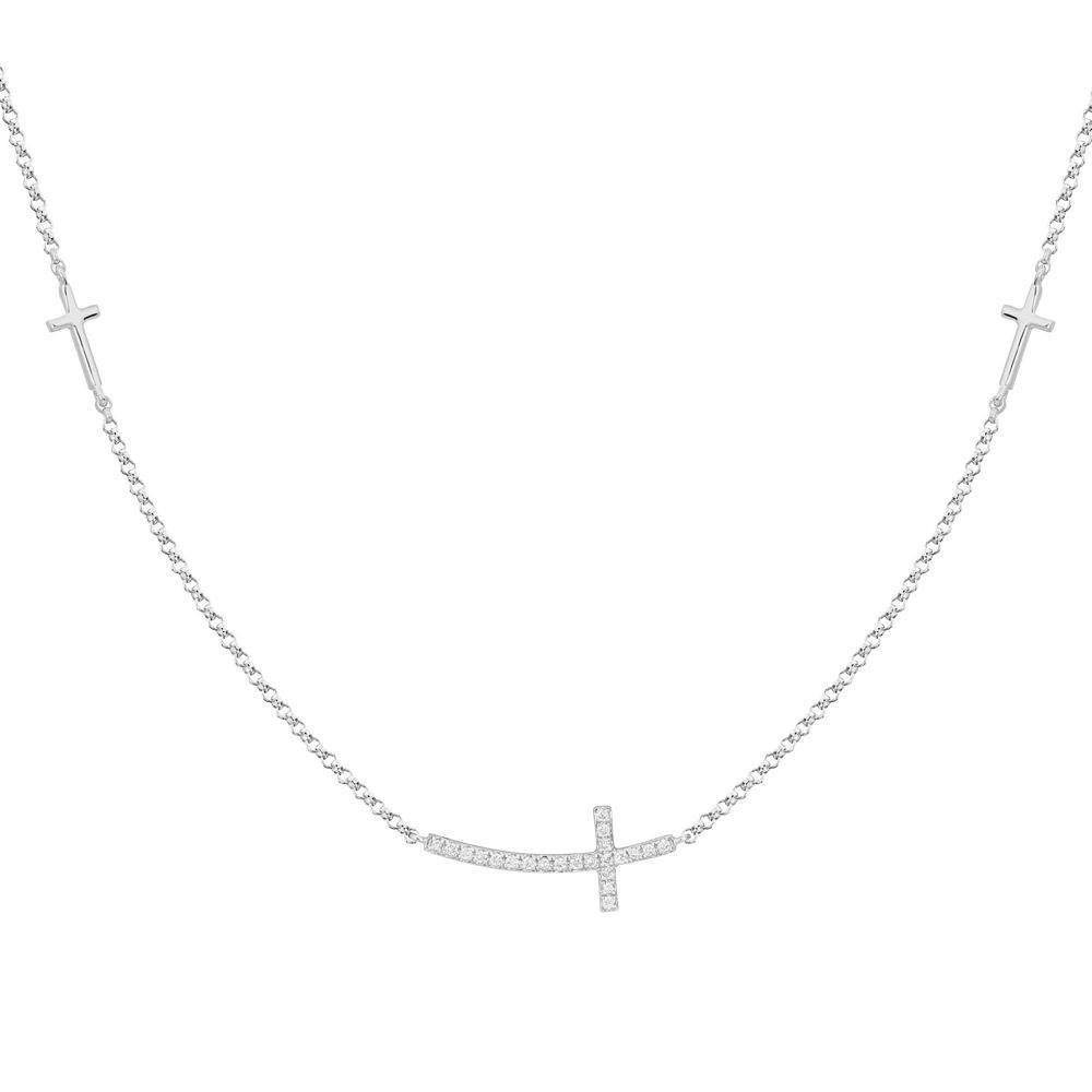 Diamond Curved Sideways Cross Station Necklace in White Gold