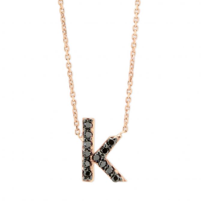 Black Diamond Initial "K" Necklace in Rose Gold