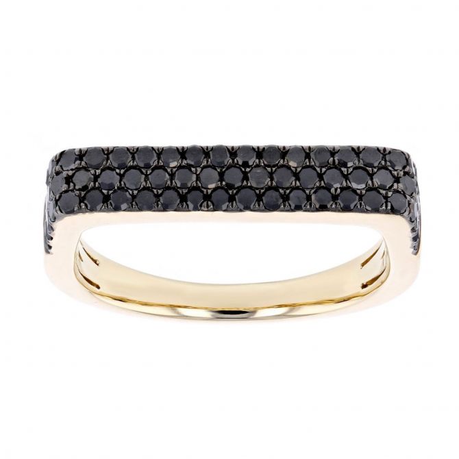 14K Yellow Gold Black Diamond Pavé Horizontal Bar Flat Ring