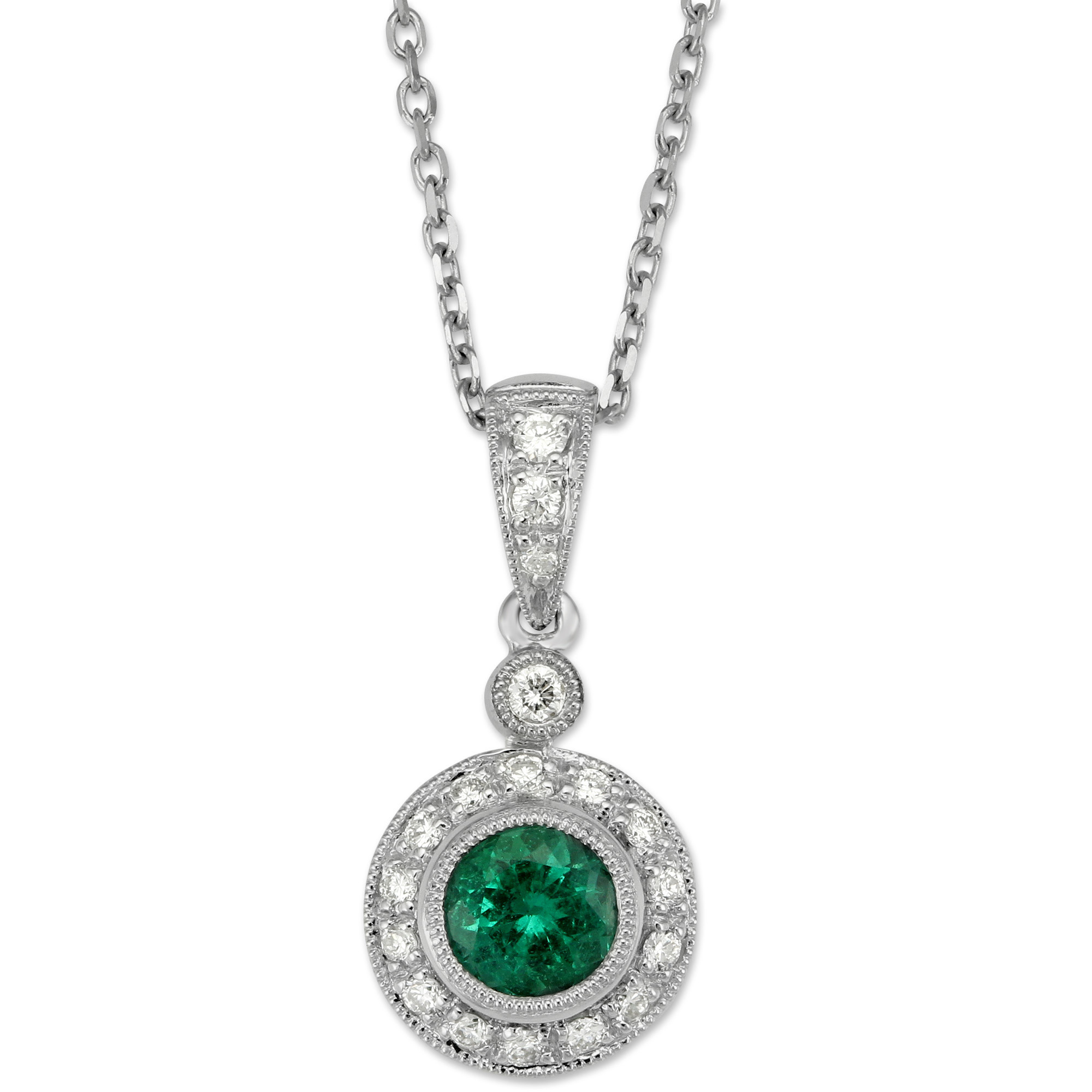 14K White Gold Round Emerald & Diamond Pendant, 18