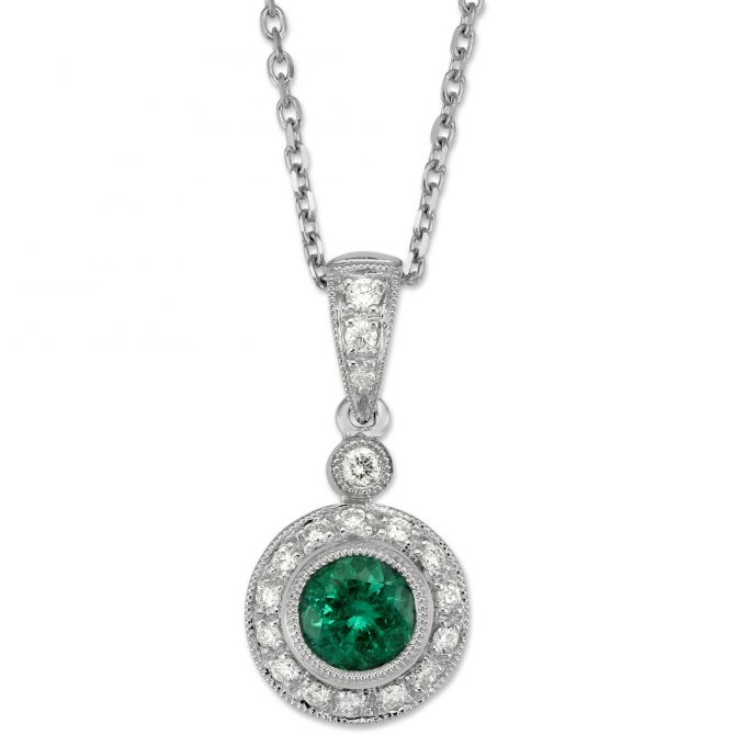 14K White Gold Round Emerald & Diamond Pendant, 18"