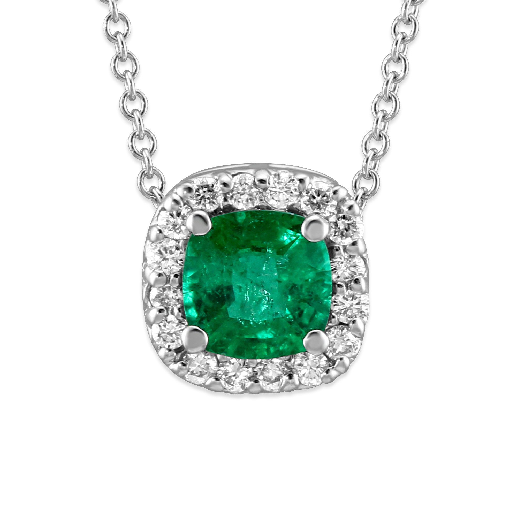 18K White Gold Emerald & Diamond Halo Pendant, 16" | Borsheims