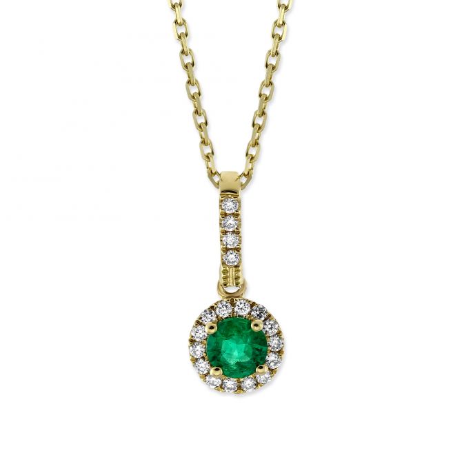 14K Yellow Gold Emerald & Diamond Halo Pendant, 18"