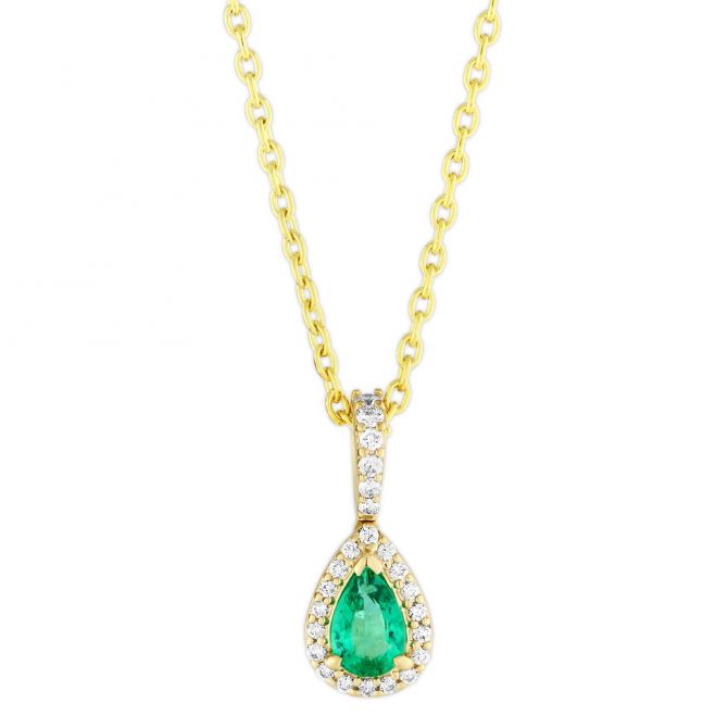 14K Yellow Gold Pear Shaped Emerald & Diamond Pendant, 18"