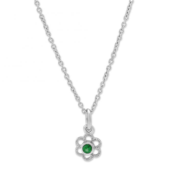 Sterling Silver Child's Green Crystal Flower Pendant, 15"