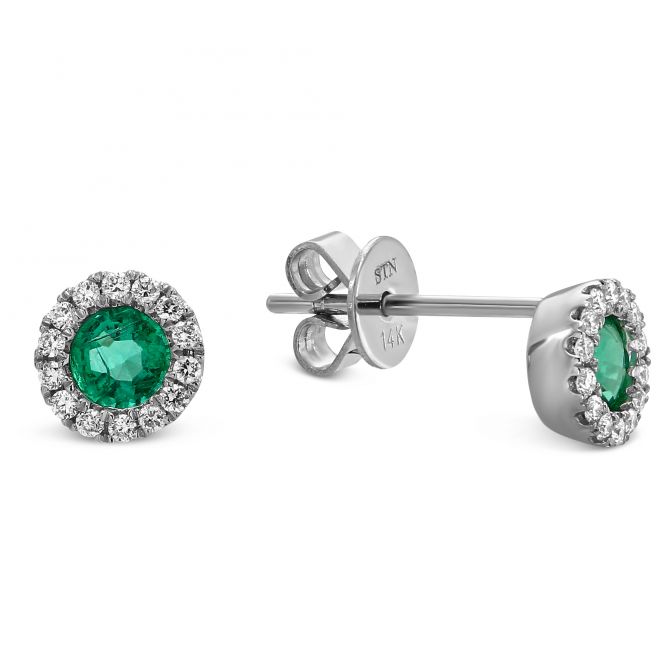 Round Emerald & Diamond Halo Earrings in White Gold