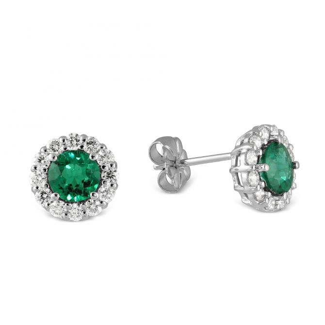 Emerald and Diamond Halo Earrings in White Gold