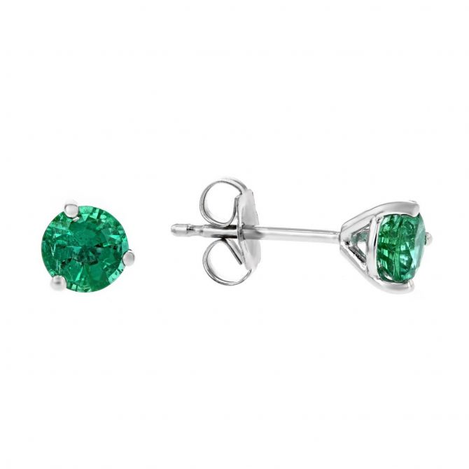 14K White Gold Round Emerald Stud Earrings