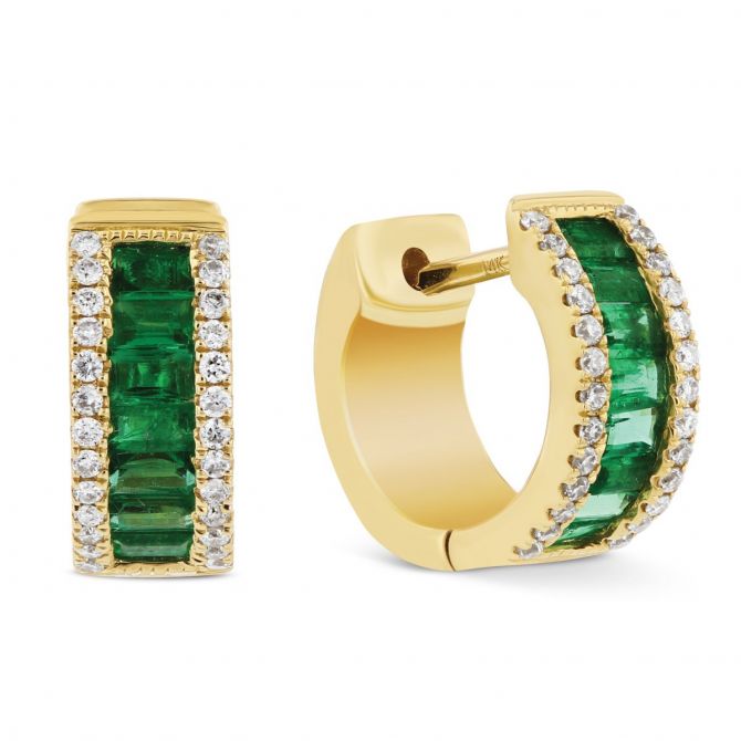 14K Yellow Gold Baguette Emerald & Diamond Huggie Hoop Earrings