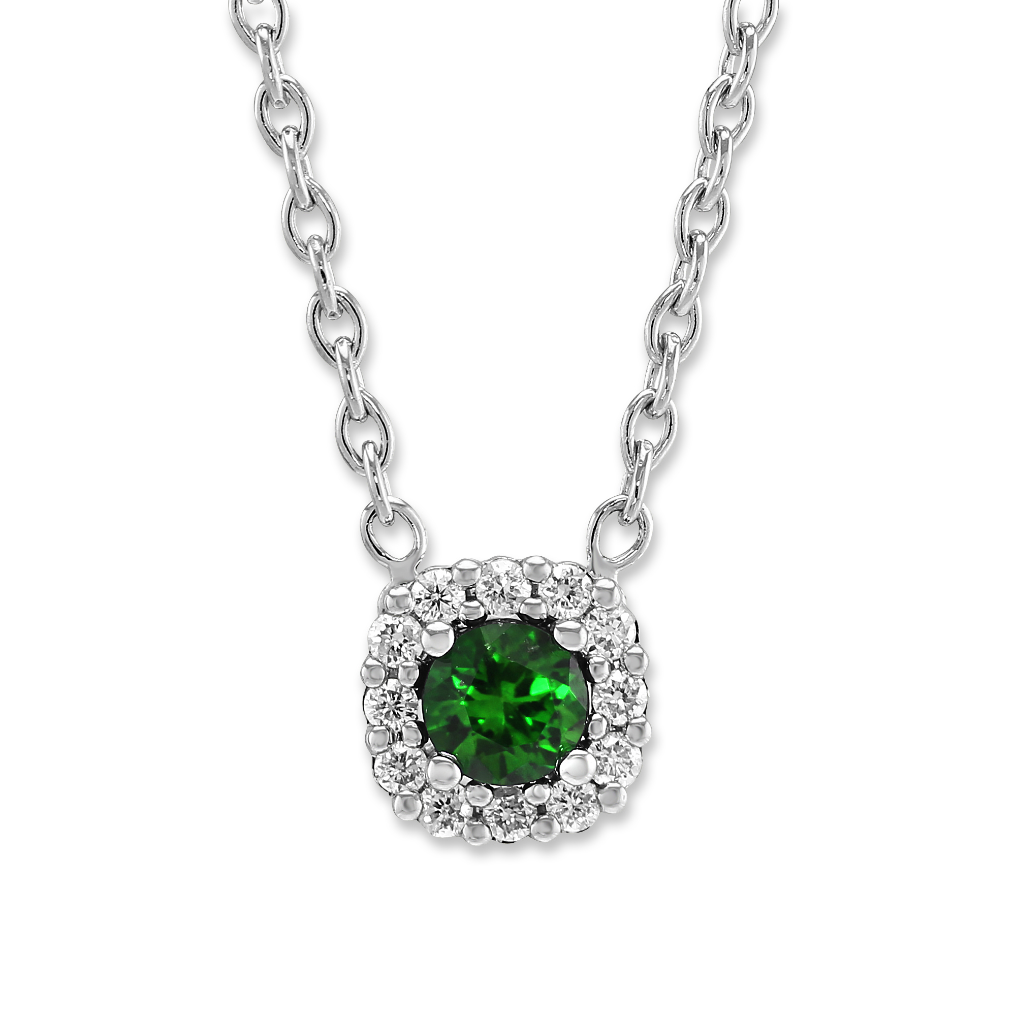 Emerald & Diamond Halo Necklace in White Gold, 18