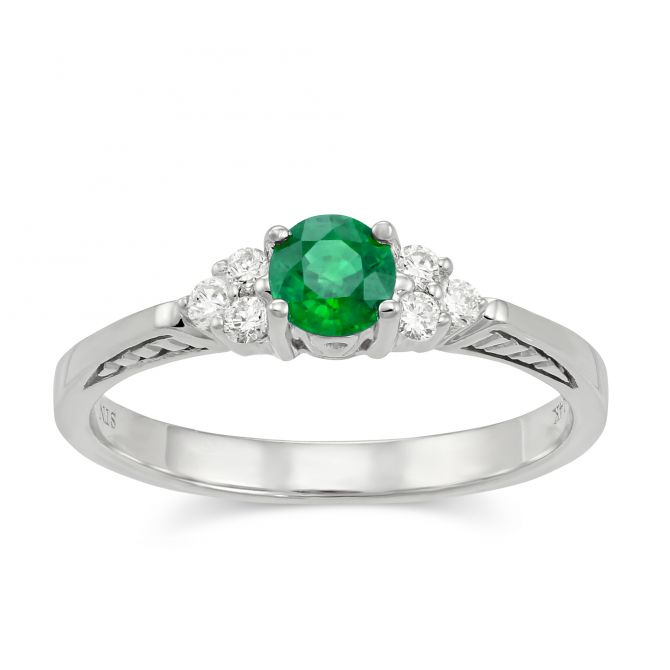 14K White Gold Round Emerald & Diamond Ring