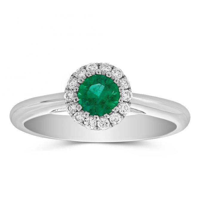 14K White Gold Emerald & Diamond Halo Ring