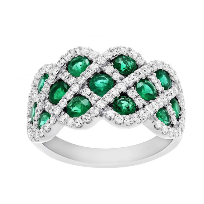 14K White Gold Round Emerald & Diamond Criss Cross Ring