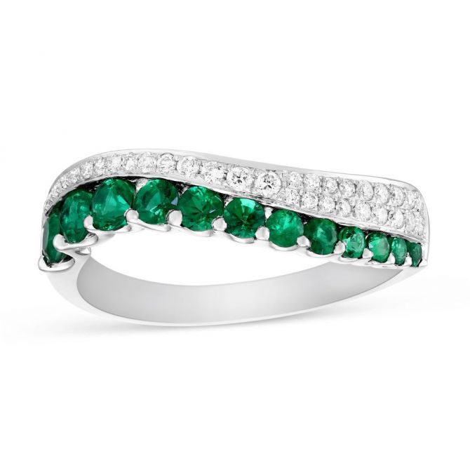 14K White Gold Emerald & Diamond Wave Ring