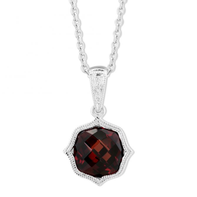 14K White Gold Garnet Pendant with Double Milgrain Edge, 18"