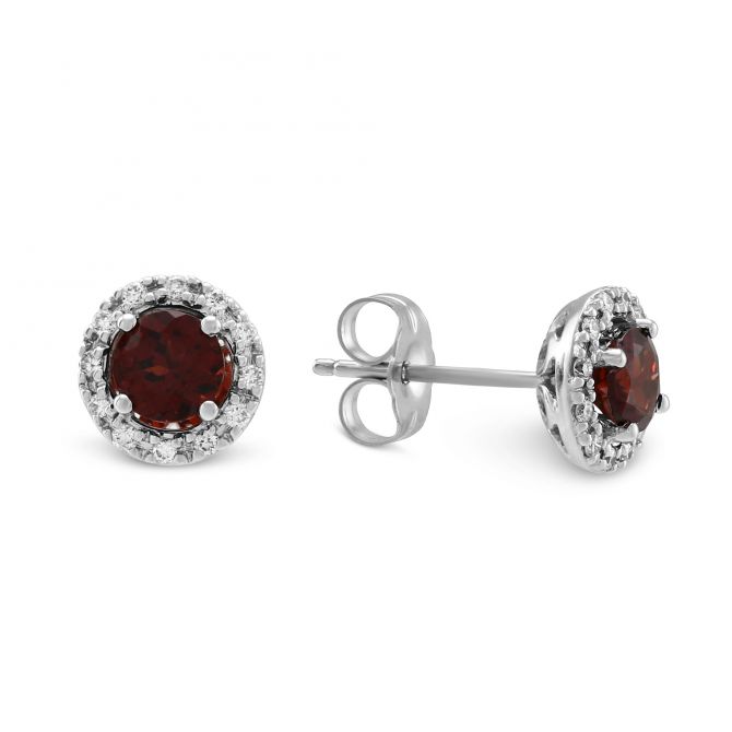 14K White Gold Round Garnet & Diamond Halo Earrings