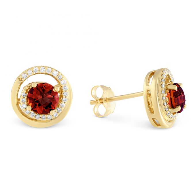 14K Yellow Gold Garnet & Diamond Swirl Earrings