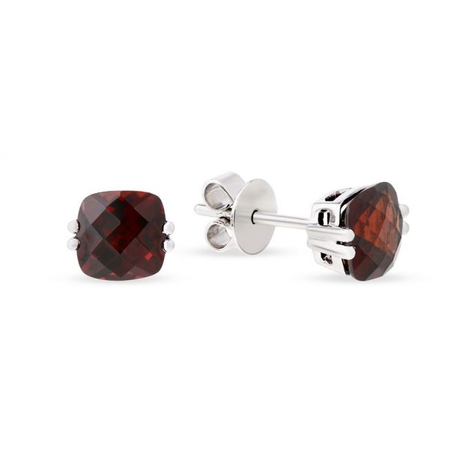 Checkerboard Cushion Garnet Earrings in White Gold