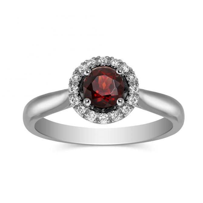 Round Garnet & Diamond Halo Ring in White Gold